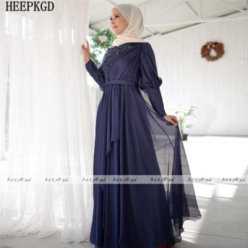Navy Blue Plus Size Muslim Evening Dress Long Sleeves Chic Beads Chiffon A Line Formal Dresses For Women Long Prom Party Gown