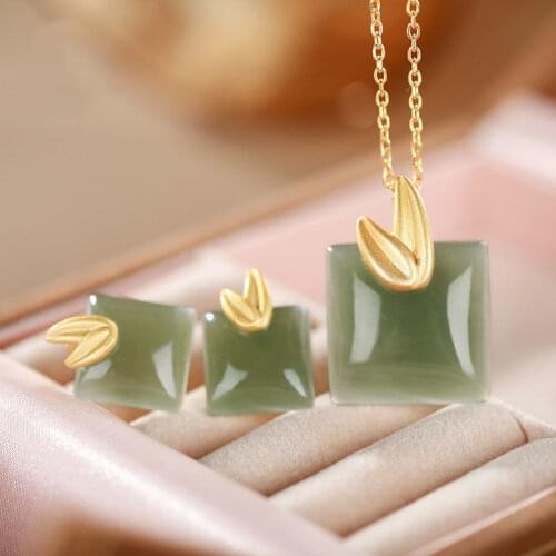 Original S925 Sterling Silver Inlaid Hetian Jade Leaf Fresh Vintage Jade All-Match Suit Necklace Ear Stud Pendant