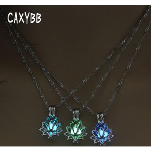 Caxybb Luminous Shine In The Dark Lotus Flower Pendant Necklace Women Jewelry For Women Gift Chain Silver Color Necklace