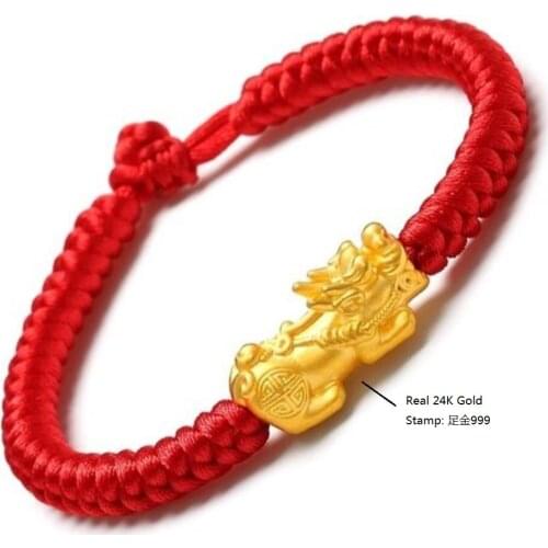 Genuine 24K Yellow Gold Dragon-Son Pixiu with Red Cord Bracelet Length from 5" to 15"