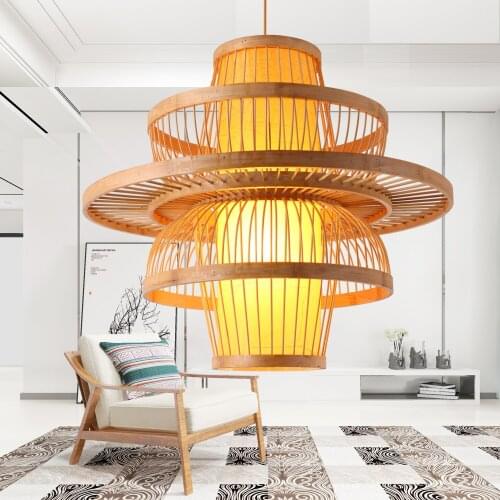Bamboo Lantern Pendant Lamp, 2 Packs Retro Japanese Style E27 Chandelier Hanging Light Ceiling Lighting Fixture for Living Room