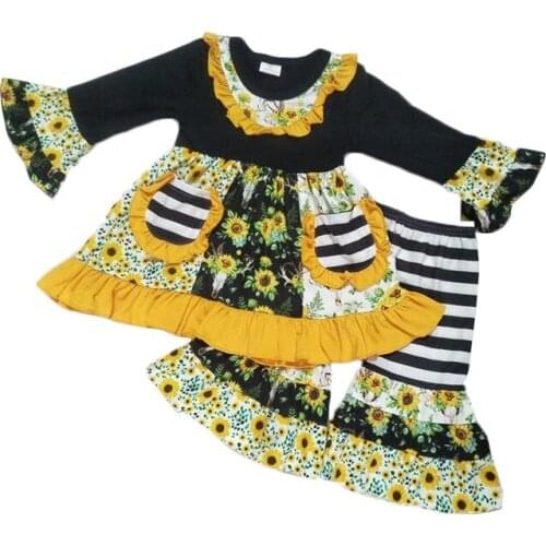 Sunflower printed Toddler Girl suit boutique fashion ruffles striped trouser dress suit fall outfits