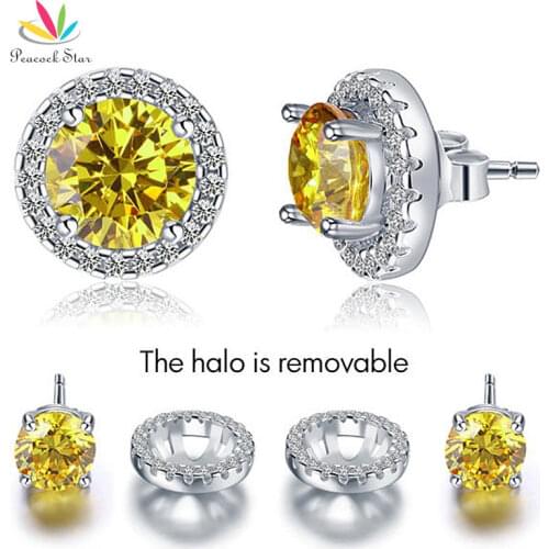 Peacock Star 2.5 Carat Round Fancy Yellow Halo (Removable) Stud Solid 925 Sterling Silver Earrings CFE8127