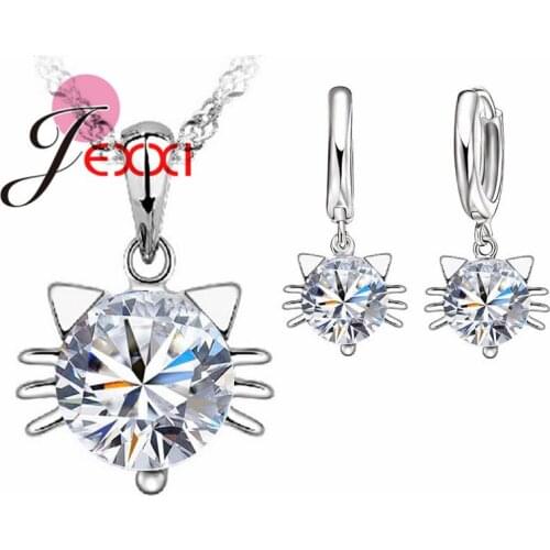 Hot Sale New Genuine 925 Sterling Silver Jewellery Sets Cubic Zircon Pretty Cat Head Pendant Necklace Hoop Earrings