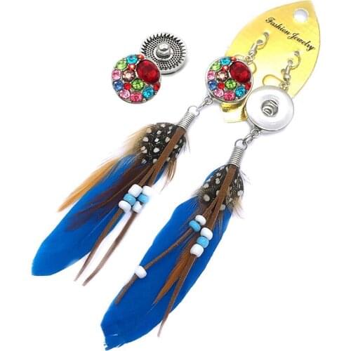 Interchangeable Bohemia 022 trendy feather angel wing tassel dangle 18mm snap button earrings for women statement earring