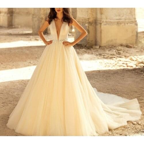 Sexy Long V-Neck Tulle Wedding Dresses A-Line Corset Back Ivory Beaded Brautkleider Robes de Soirée for Women