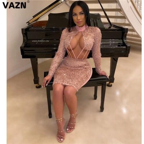 VAZN New Bling Bling Sequins Glitter A-line Party Street Night Club Sexy Slim Young Dress 2020 Full Sleeve dress Lady Dress