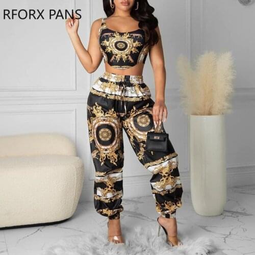 Women Clothes Scarf Print Crop Top & High Waist Pants Set Casual Look for Women 2021