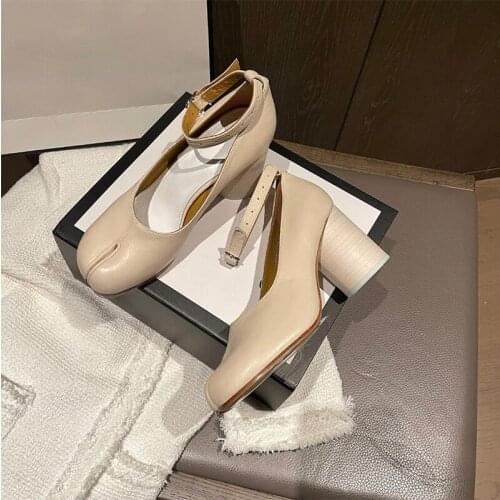 2021 Spring/Autumn Mary Janes Shoes Heel Split Toe Pumps Genuine Leather Ankle Buckle Straps Sandals Women Dress Shoes Runway