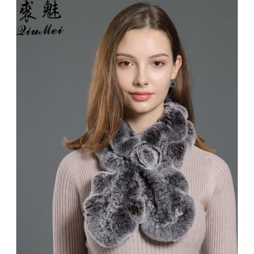Womens Sacrves Fur Real Rex Rabbit Knitted Warm Soft Winter Trendy Flounced Flower Design Mufflers Female Genuine Fur Scarf