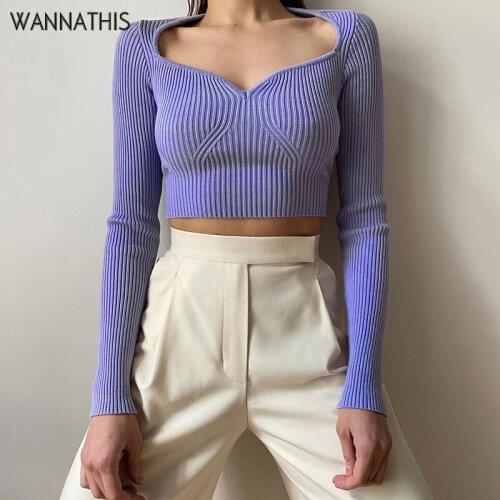 WannaThis Long Sleeve Knitted T-Shirts Women Autumn New V-Neck Skinny Elastics Solid Color Crop Top Cotton Casual Short T-Shirts