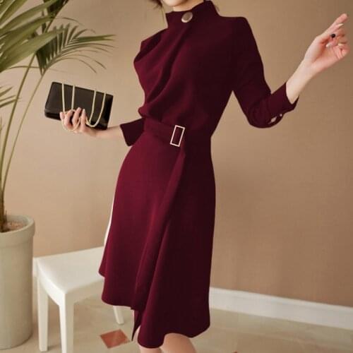 New Arrival Autumn Women Elegant Button Stand neck Belted Long Sleeve Work Business Party black wine red Split Dress Vestidos