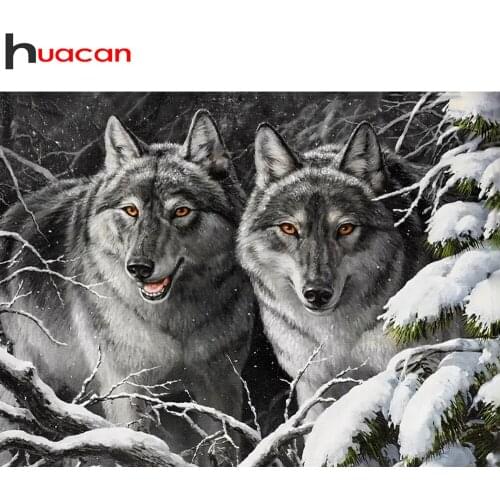Huacan Diamond Painting Wolf Black White Embroidery Cross Stitch Snow Tree Mosaic Animal Winter Home Decor Diamond Art