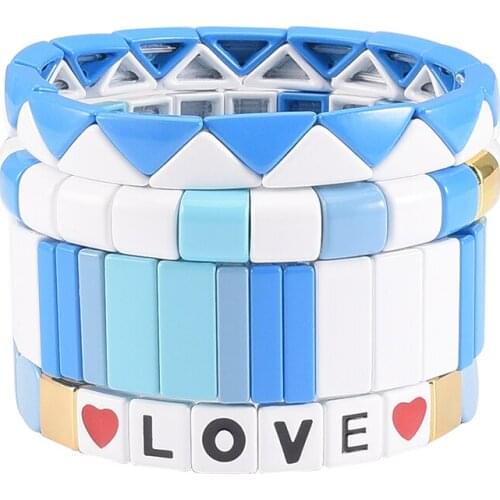 Love Heart Initial Letter Bracelet Square Enamel Tile Beaded Bracelet Combo Alloy bracelet Fashion Bangle Bracelet for Couples