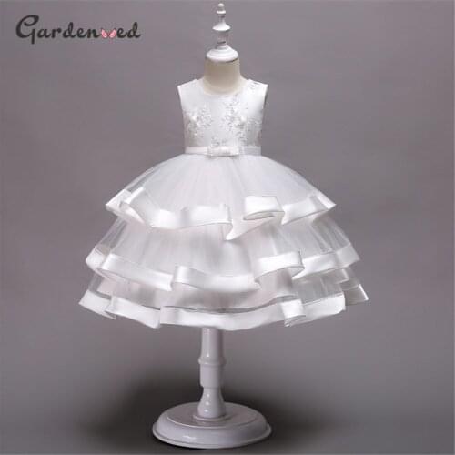 Kids Ivory Satin Layers Pageant Dress Girl Lace Embroidery First Communion Dresses Satin Bow Knot Sashes Little Bride Dresses