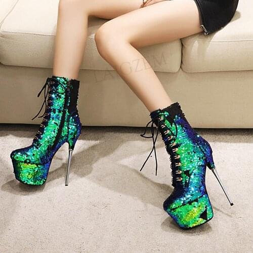DOBANER Party Club Women Ankle Platform Boots Side Zip Stiletto Metal Heels Glitter Scarpe Donna Botas Shoes Woman Size 33 42 43