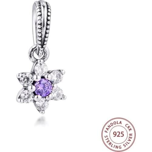 Forget Me Not Charms Fits Original Bracelets 925 Sterling Silver Purple & Clear CZ Beads DIY Jewelry Making perles bijoux femme