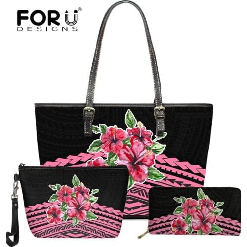 FORUDESIGNS New Trend Woman Leather Handbag and Purse 3Pcs Set Polyneisa Tribal Flower Print PU Tote Bags Shoulder Bag Bolsa