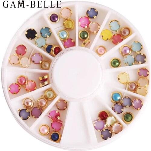 GAM-BELLE 12 Grid Nail Art Rhinestone 3D 5mm Colorful Nail Art Flat Pearl Decor DIY Glitter Shiny Jewelry Gem Accessories Tools