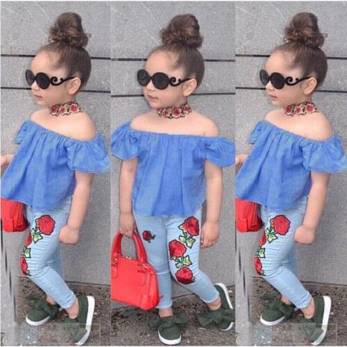 Baby Girls Clothes Sets Off Shoulder Shirts + Rose Printed Jeans 2 Pcs Suits for Grils Kids Girl Short Sleeve Cotton Shirts Sets