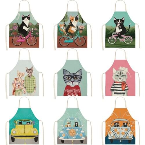 Women Kitchen Apron Cotton Linen Cartoon Cat Sleeveless Chef Cooking Aprons Kitchen accessories 68*55cm 0094