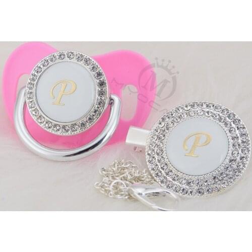 MIYOCAR silver bling name Initial letter P elegant silver bling pacifier and pacifier clip BPA free dummy bling ideal gift LP-1