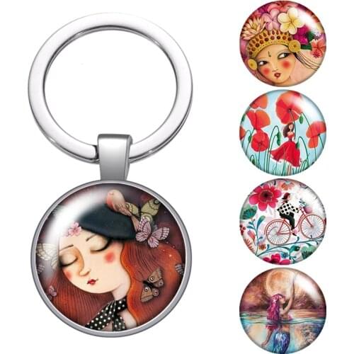 Fashion Girls style patterns glass cabochon keychain Bag Car key chain Ring Holder silver color keychains for Man Women Gift
