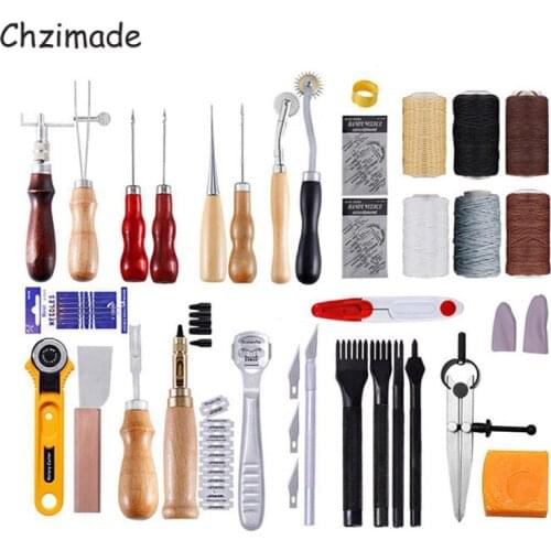 Chzimade 61Pcs/lot Leather Punch Tools Craft Kit Hand Sewing Stitching Carving Work Saddle Leathercraft Set Accessories