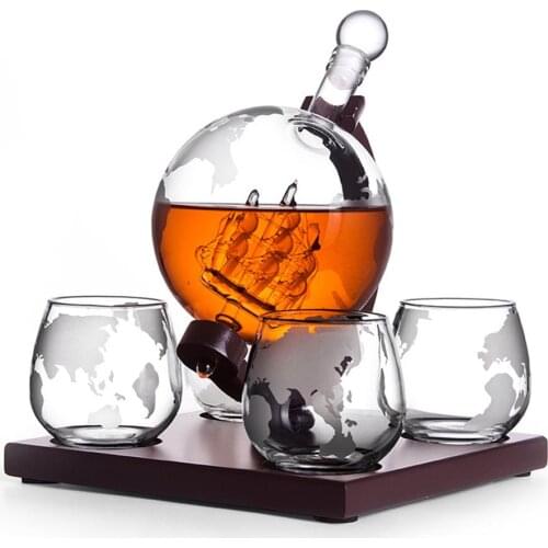 Whiskey Decanter Set Vodka Globe Decanter with 4 Glasses Liquor Dispenser with Wood Stand Wine Bureau