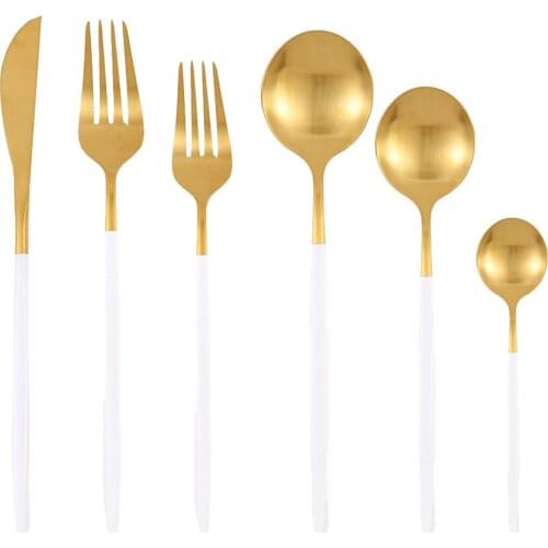 6pcs Matte White Gold Tableware Set Stainless Steel Dinnerware Set Kitchen Flatware Set Knife Dessert Fork Spoon Cutlery Set
