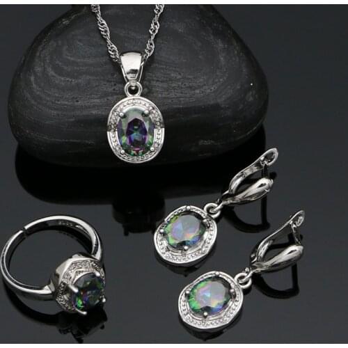 Colorful Cubic Zirconia 925 Sterling Silver Jewelry Set Open Ring Pendant Chain Earring Party Accessories for Girls