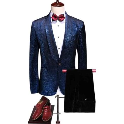 Nightclub Suits Men Flannel Bronzing Stage Host Shine Slim Fit Casual Wedding Grooms Plus Size Dress Suit Blazers Pants 2 Piece