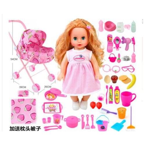Pink Trolley baby doll toy set 35cm talking girl vinyl doll bebe reborn children gift bathe toy can drink pee sing