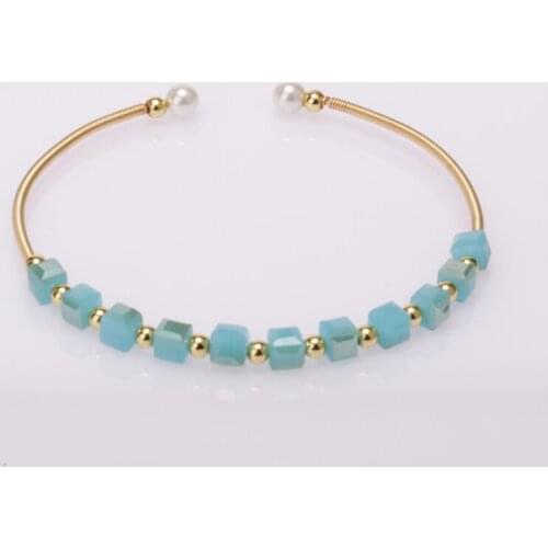 Triple mint sky blue cube crystal glass beads charm gold open bangle cuff bracelet for woman dainty daily hand wrist jewelry
