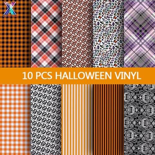 XFX HTV 10 Pcs Halloween Heat Transfer Vinyl 12x10In Fall Orange Vinyl Buffalo Plaid HTV Iron on Vinyl Leopard Stripe Cricut DIY
