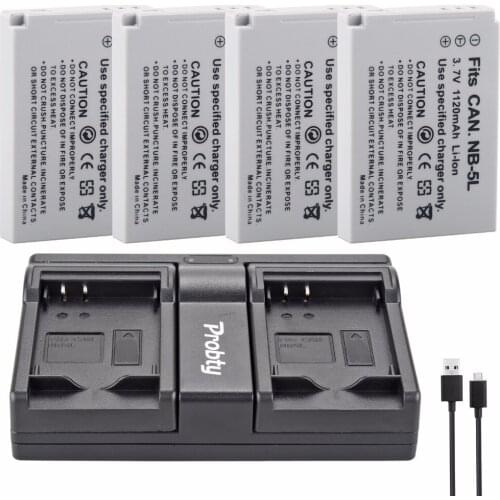 4Pcs NB-5L NB 5L Battery + USB Dual Charger for Canon PowerShot SD790IS SD850IS SD870IS SD880IS SD890IS SD970IS SD990IS SX200IS