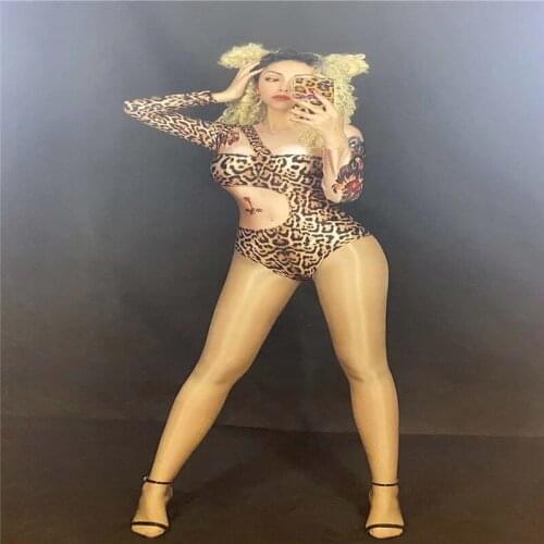 V98 Female sexy pole dance bodysuit bar perform singer short jumpsuit Leopard print siamese stretched leotard tights party wears