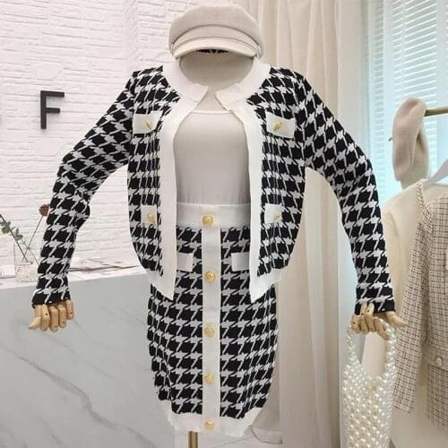 Knitted 2 Piece Set 2021 Autumn Winter two piece set Classic Houndstooth Coat+Skirt Suit Elegant Office Lady Suit skirt set