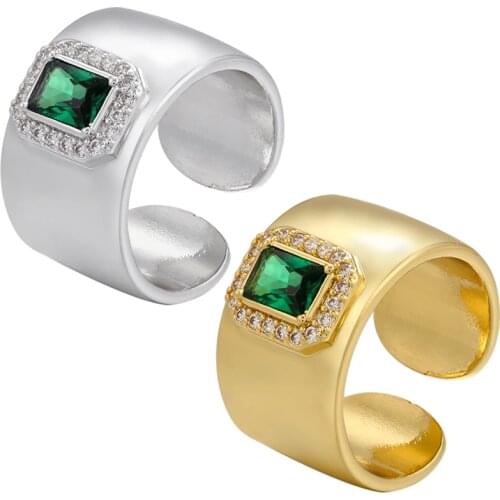 ZHUKOU gold silver color exquisite wide Oil tube ring for women CZ crystal green stones open ring trend jewelry wholesale VJ247