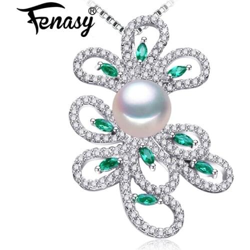 FENASY Brand Fine Jewelry Natural Freshwater Pearl Necklaces For Women 925 Sterling Silver Emerald Pendant Luxury Party Jewelry