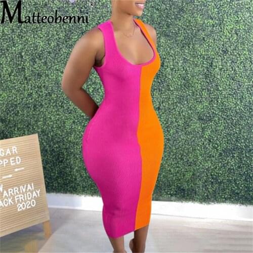 Womens Backless Hollowed-Out Dresses Patchwork Sleeveless O-Neck Sexy Package Hip Dress Ladies Two-Color Stitching Summer Dress