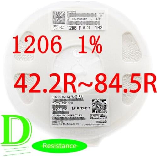 100PCS SMD Resistor RC Series 1206 1% Original RC1206FR-07 Series 42.2R-84.5R All resistors 43R 47R 51R 56R 62R 68R 75R 82R