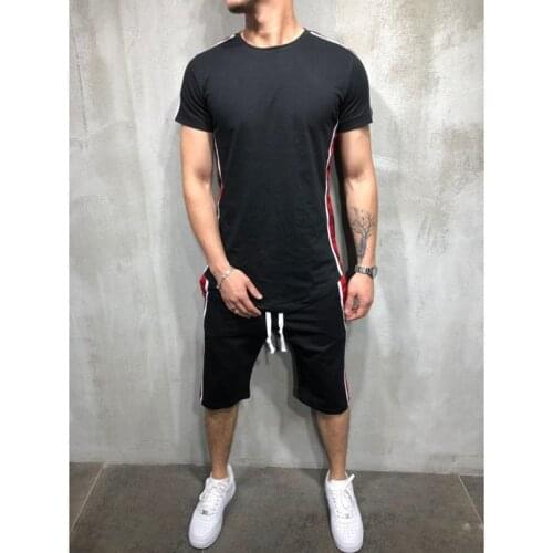 2021 Mens Summer New Suit Fashion Sports Leisure Fitness Running Spliced Striped Round Neck Short Sleeve Shorts Two Sets