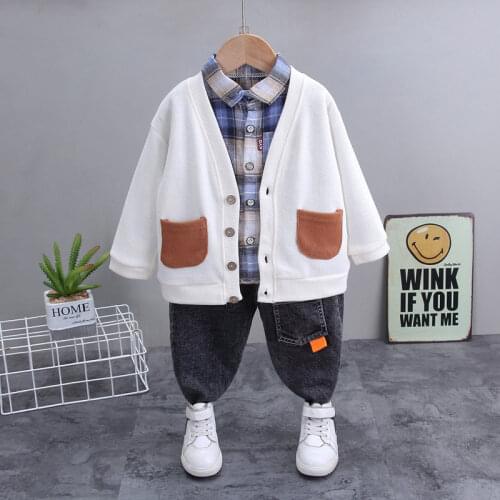 Spring Autumn Children Boys Girls Cotton Clothing Sets Baby Patchwork Hoodies Shirt Jeans 3Pcs/Sets Fashion Toddler Tracksuits