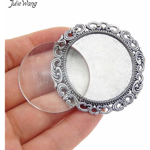 Julie Wang 2pcs/pack Antique Silver Brooch Bezel Base Set with Glass Cabochon Brooch Pin Jewelry Accessory Making fit 35mm
