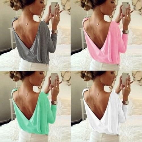 2020 Summer Womens Blouse Fashion Back Open Cross Blouse Shirt Tops Ladies Casual Loose Long Sleeve Sexy Backless Solid Blouses