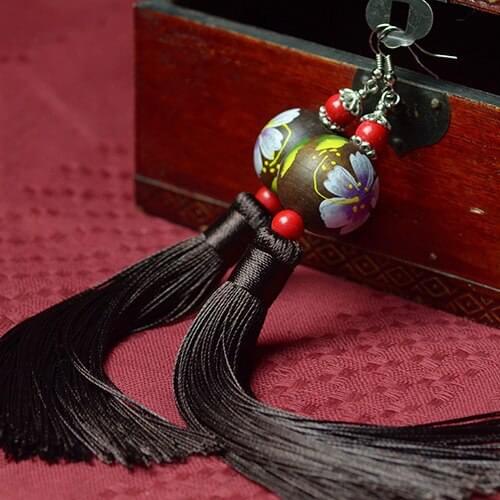 Big star traditional freehand sketching Fringes tassels long dangle earrings , New Ethnic Chinese wind wood beads jewelry