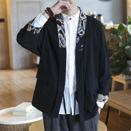 Haori Japanese Kimono Cardigan Men Jacket Harajuku Outfit Traditional Cotton Linen Wave Print Plus Size Casual Black Coat Male