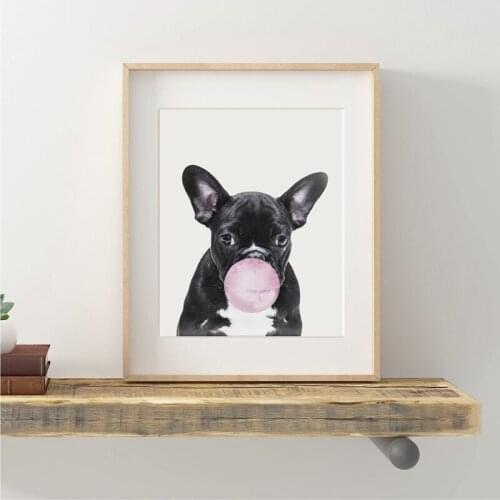 French Bulldog Art Canvas Painting Wall Pictures , Modern Pet Animal Puppy Pink Bubble Canvas Art Prints Home Room Decor