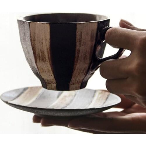 Japanese Style Coffee Cups and Saucer Hand-painted Stoneware Retro Style Design Big Teacup Set Friends Gift Quality Espresso Mug